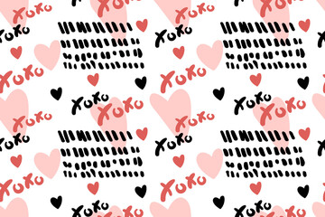 Fototapeta na wymiar Vector abstract seamless XOXO pattern. Trendy background with hand drawn brush strokes, hearts, text. Romantic print design for textile, wrapping paper, wedding backdrops, Valentine's Day concepts etc