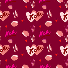 Vector abstract seamless XOXO pattern. Red background with hand drawn brush strokes, hearts, text. Romantic print design for textile, wrapping paper, wedding backdrops, Valentine's Day concepts etc