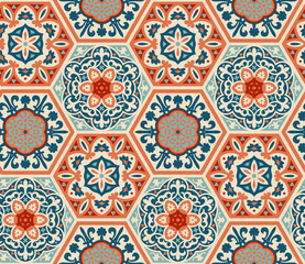 Decorated patterned hexagon tiles, seamless vector pattern, patchwork style