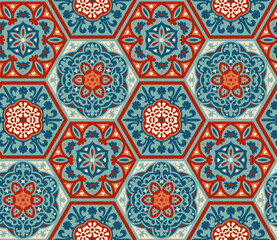 Decorated patterned hexagon tiles, seamless vector pattern, patchwork style