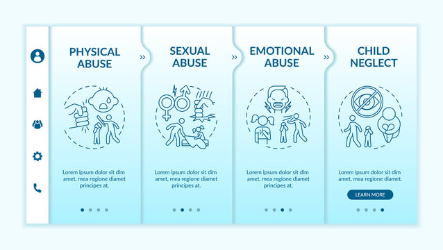 Children Abuse At Home Onboarding Vector Template. Physical Violence. Sexual Assault. Emotional Trauma. Responsive Mobile Website With Icons. Webpage Walkthrough Step Screens. RGB Color Concept