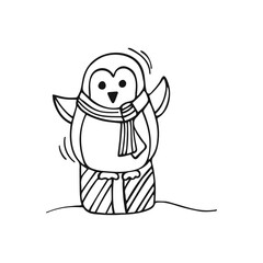 Hand-drawn little penguin on a gift. Doodle penguin isolated on white background. Image