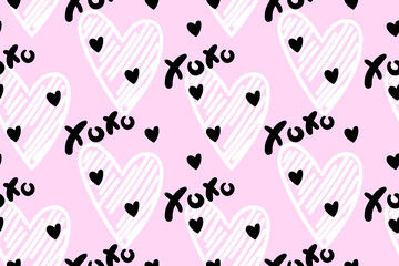 Vector abstract seamless XOXO pattern. Pastel violet background with white hearts and black letters. Trendy print design for textile, wrapping paper, wedding backdrops, Valentine's Day concepts etc.