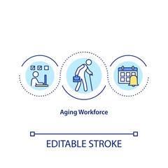 Aging workforce concept icon. Eldery people as employees on working place. Less productivity from old worker idea thin line illustration. Vector isolated outline RGB color drawing. Editable stroke