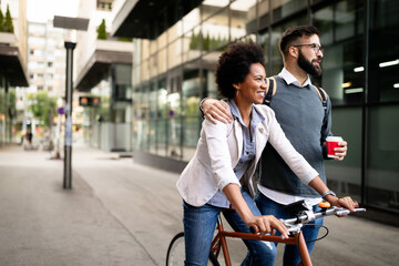 Fototapeta premium Happy young couple with bicycle. Love, relationship, people, freedom concept.
