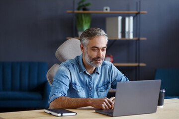 Portrait of grey-haired senior handsome smiling man working from home. Communication online with...