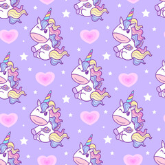 Seamless pattern with unicorn on a pink background. Vector