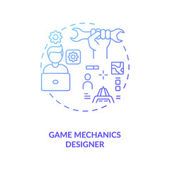 Obraz na płótnie Canvas Game mechanics designer concept icon. Game designers types. Responsible for gamers playing experience. Employee idea thin line illustration. Vector isolated outline RGB color drawing