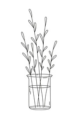 Black outline in the vector flowers, leaves, decorative branches in a transparent flask vase, made in a simple doodle style for postcards, notebooks, stickers, design and stories in social networks.