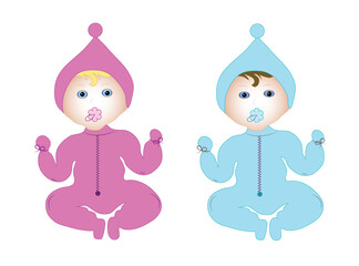 Two toddlers sitting dressed in overalls, a little girl and a baby boy. Babies symbols in vector format on a white isolated background.