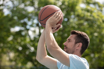 basketball player makes a throw on outdoor court
