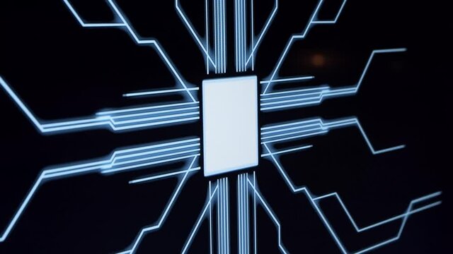 Human finger is pressing a digital button on a glowing touchscreen. Futuristic microprocessor is starting the operation of the computer program. Machine learning and artificial intelligence.