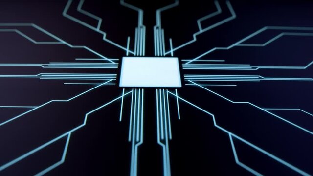 Human finger is pressing a digital button on a glowing touchscreen. Futuristic microprocessor is starting the operation of the computer program. Machine learning and artificial intelligence.