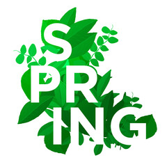 Spring letters on leaves background. Spring Poster with typography and plants. Bright green