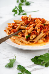 Pasta Penne, Tomato Sauce and Salmon on White Marble Table Background