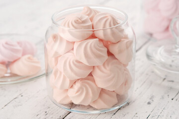 Homemade marshmallows in a glass jars. Homemade healthy sweets, delicious dessert.
