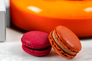 Orange, Mango, Raspberry Fruit Anniversary Birthday Cake and Colorful Homemade French Macarons