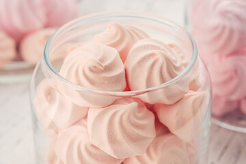Homemade gentle marshmallows in a glass jars. Homemade healthy sweets, delicious dessert.