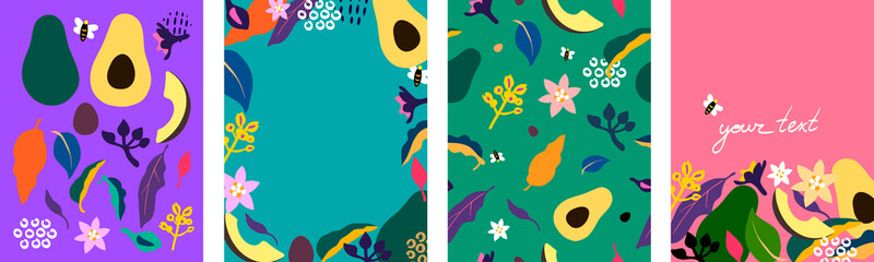 Set of hand drawn elements avocado plant. Template for cards, placard, cover, wallpaper, wrapping paper, cosmetics packaging. Vector art illustration