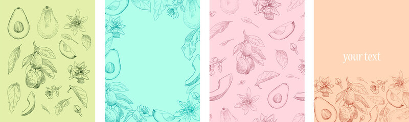 Set of hand drawn elements avocado plant. Template for cards, placard, cover, wallpaper, wrapping paper, cosmetics packaging. Vector art illustration
