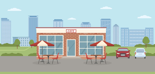 Cafe building with parking lot on city background. Urban landscape. Flat style, vector illustration.