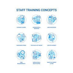 Staff training concept icons set. Employee development idea thin line RGB color illustrations. Workshops and seminars. Job shadowing. Interest loss. Vector isolated outline drawings. Editable stroke