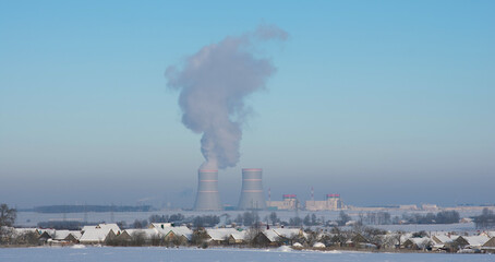 Panorama of a working nuclear power plant in Belarus in January 2021.