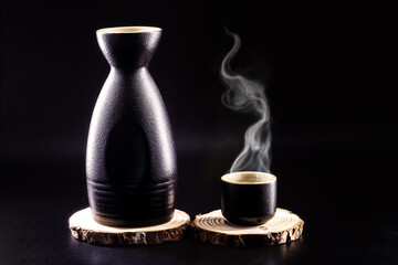 Sake, a traditional distilled and fermented alcoholic drink from Japan, served hot, produced from rice, water and kōji. Black background with copy space