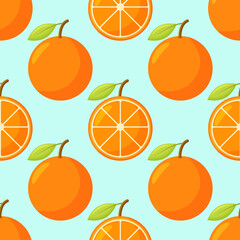 Orange fruit pattern. Sweet beautiful citrus seamless background with yellow juicy oranges