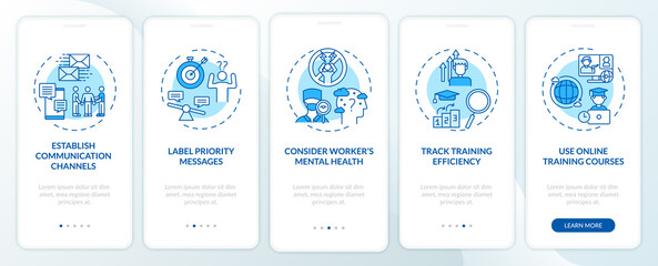Staff reboarding advices onboarding mobile app page screen with concepts. Communication, training efficiency walkthrough 5 steps graphic instructions. UI vector template with RGB color illustrations