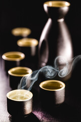 Sake, traditional distilled and fermented alcoholic drink from Japan, produced from rice, water and kōji.