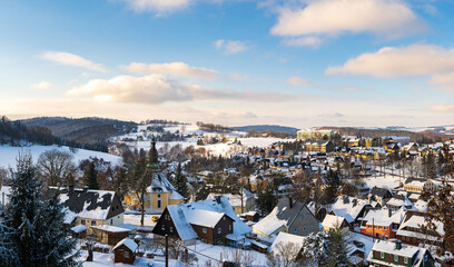 Panoramic view of Christmas Village Seiffen in Winter Saxony Germany ore mountains.