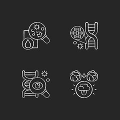 Microbiology chalk white icons set on black background. Genetic engineering. DNA structure. Selective breeding. Genetic research. Laboratory research. Isolated vector chalkboard illustrations