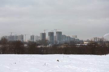 Winter city landscape. Wasteland covered with snow. On the horizon are high-rise buildings.