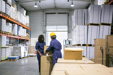 Two logistic workers in hardhat and overalls carrying boxes together in warehouse. Copy space, wide shot. Labor and production concept