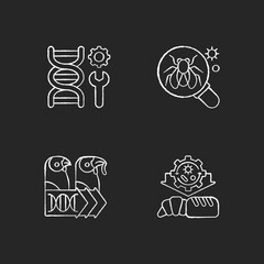 Biotechnology chalk white icons set on black background. Model organism. Genetic engineering. Industrial biotechnology. Evolutionary genetics. Isolated vector chalkboard illustrations