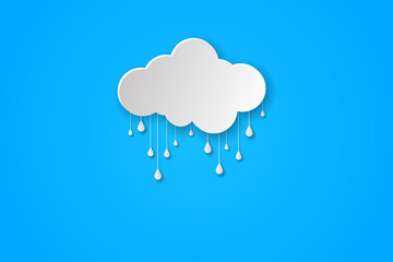 Paper Art Clouds with rain. 3d Paper art style.  vector isolated illustration with  Grey Clouds on blue background