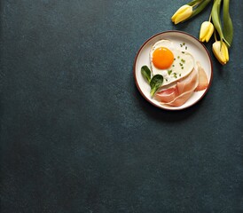 Easter breakfast table with fried egg and croissant sandwich. Flat layot, copy space