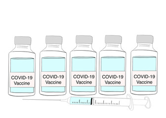 Illustration, row of medication vials with label COVID-19 Vaccine, syringe with medication laying in front of vials. On white background