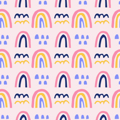 Rainbow seamless pattern. Cute scandinavian doodle background with abstract shapes for nursery, baby fabric, wallpaper. Trendy modern nordic geometric print for kids.