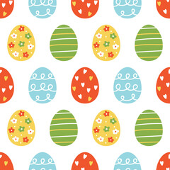 Colorful easter eggs with ornaments vector seamless pattern background.