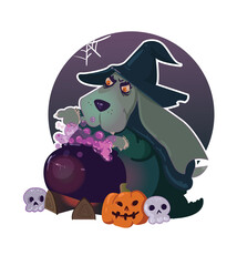 illustration, print, sticker, character in the form of a cartoon dog of the Basset Hound breed who is dressed in a witch costume and brews a potion against the background of Halloween decorations
