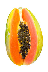 Cut papaya fruit with seeds isolated on white background