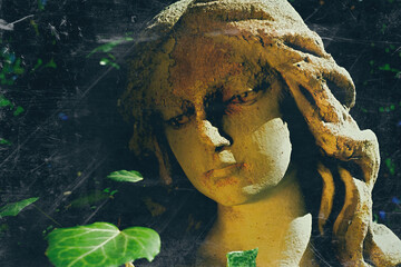 Antique statue of angel. Retro styled. Dramatic unusual scene.