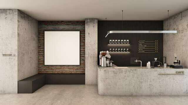 Cafe shop  Restaurant design Minimalist 
 Loft,Counter concrete,Mock up on brick wall,Menu text on wall back counter black decoration wall,Concrete floors -3D render