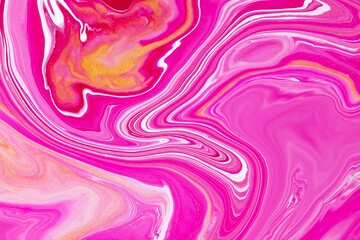 Fluid art texture. Abstract background with iridescent paint effect. Liquid acrylic artwork with flows and splashes. Mixed paints for interior poster. Golden, red and pink overflowing colors