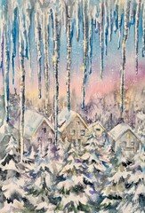 Watercolor  long icicles.  Ice wheels shine in the sun against the blue sky. Design element.