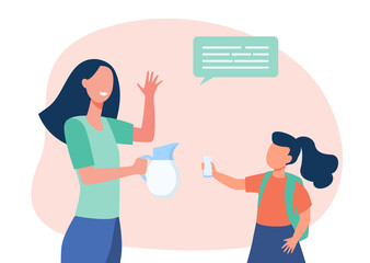 Mom giving daughter glass of milk. Child, kid, pouring from jug, speech bubble. Flat vector illustration. Childhood, healthy nutrition concept for banner, website design or landing web page