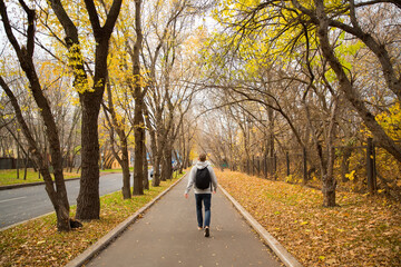a man with a backpack walks along an autumn alley