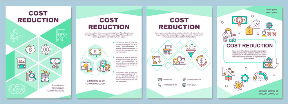 Cost reduction brochure template. Decrease money value of something. Flyer, booklet, leaflet print, cover design with linear icons. Vector layouts for magazines, annual reports, advertising posters